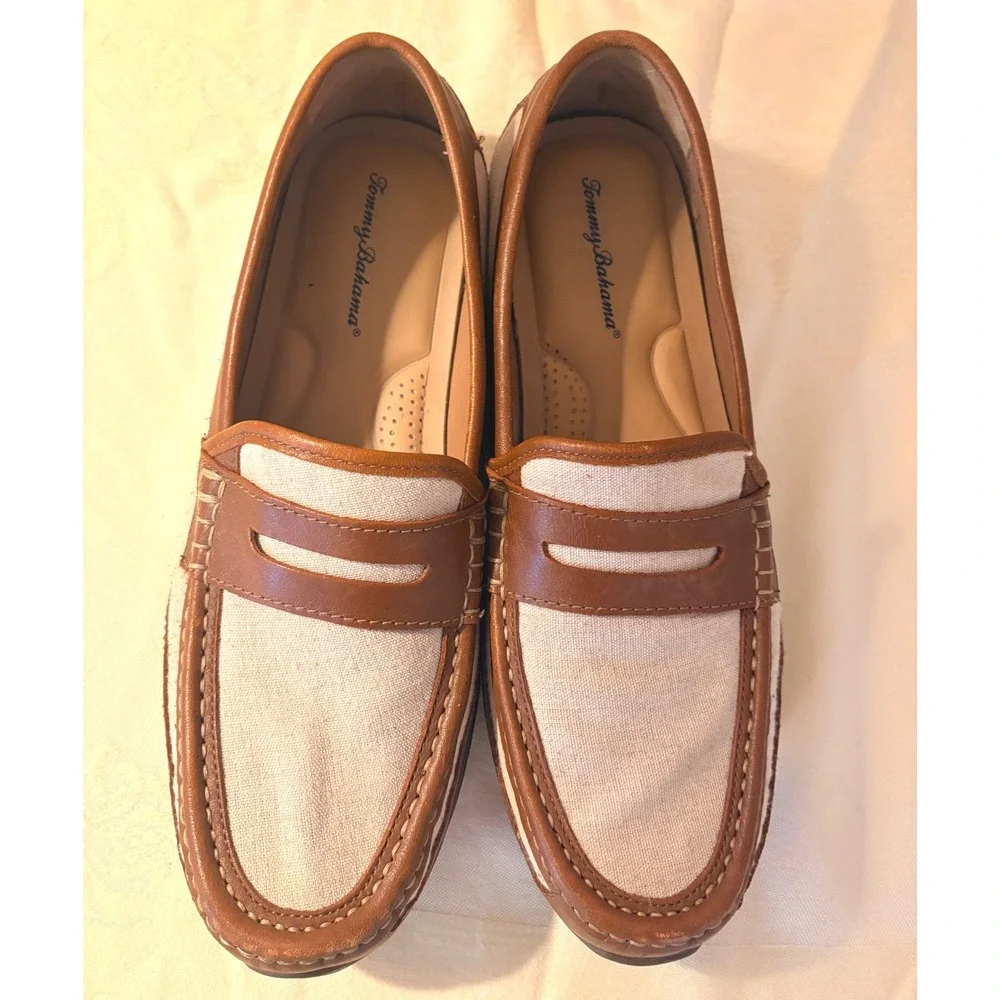 Tommy Bahama Taza Fronds Loafers Mens 9D Brown Excellent Canvas Leather
